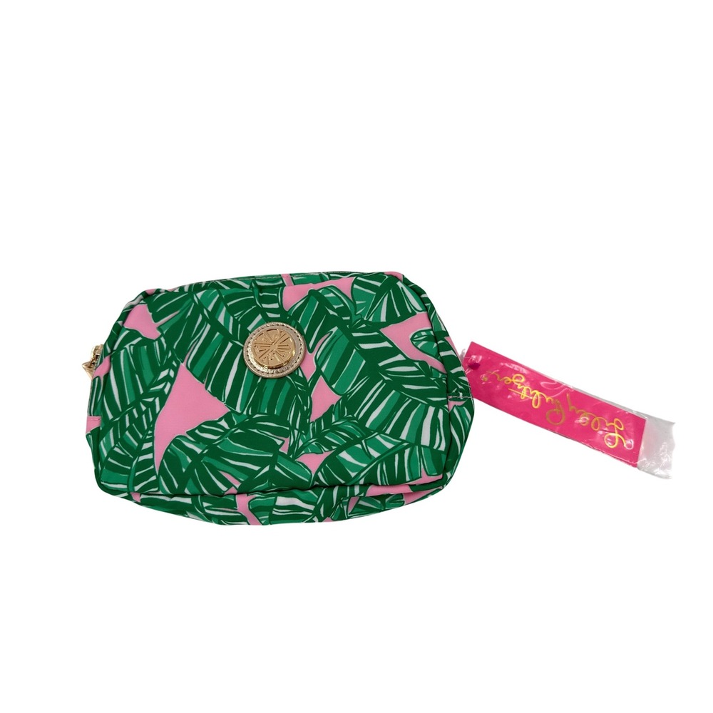 Lilly Pulitzer Cross Body Bag Pouch Palm Leaf Print‎ Pink Green Gold Zipper NEW